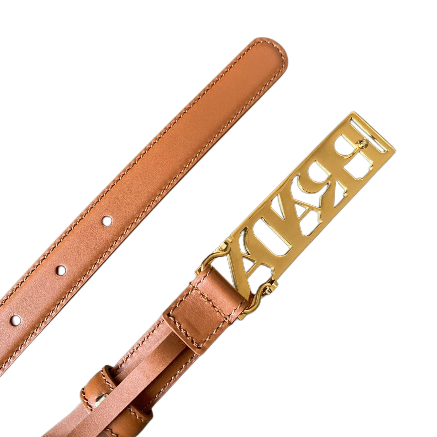 Prada Women' s Rectangled Buckle Belt In Brown/Red Calfskin With Gold Hardware 20mm - 图片 3