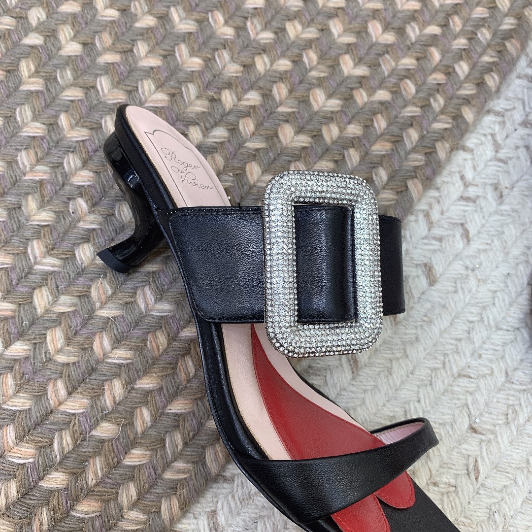 Roger Vivier Viv' Rangers Mules Sandals In White/Black/Blue Leather With Crystal Buckle (Heel Height 5.5cm) - 图片 9
