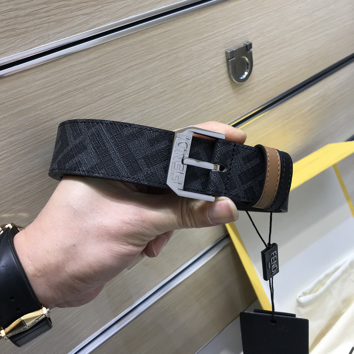 Fendi Men's Square Buckle Belt In Black/Brown Calfskin And Monogram Canvas With Gold/Silver Hardware 35mm - 图片 6