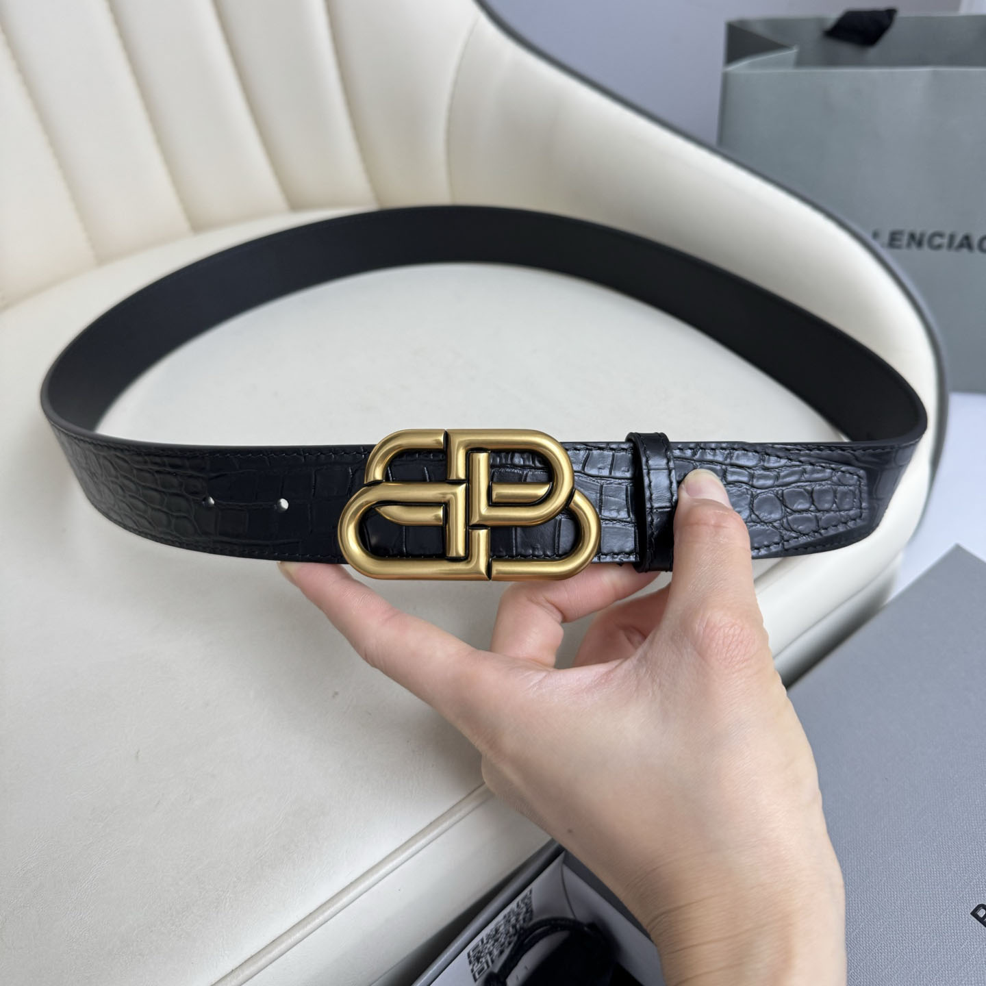 Balenciaga Men's New BB Palladium Buckle Belt In Black Embossed Crocodile Calfskin With Silver/Gold/Matte Black Hardware 35mm - 图片 6