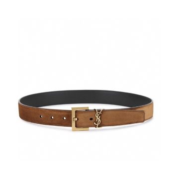 Saint Laurent Cassandre Belt In Brown Suede Leather With Gold Hardware 30mm