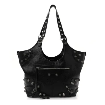 Balenciaga Medium Le Cagole Carry All Bag Black Agneau Arena Leather Silver Hardware