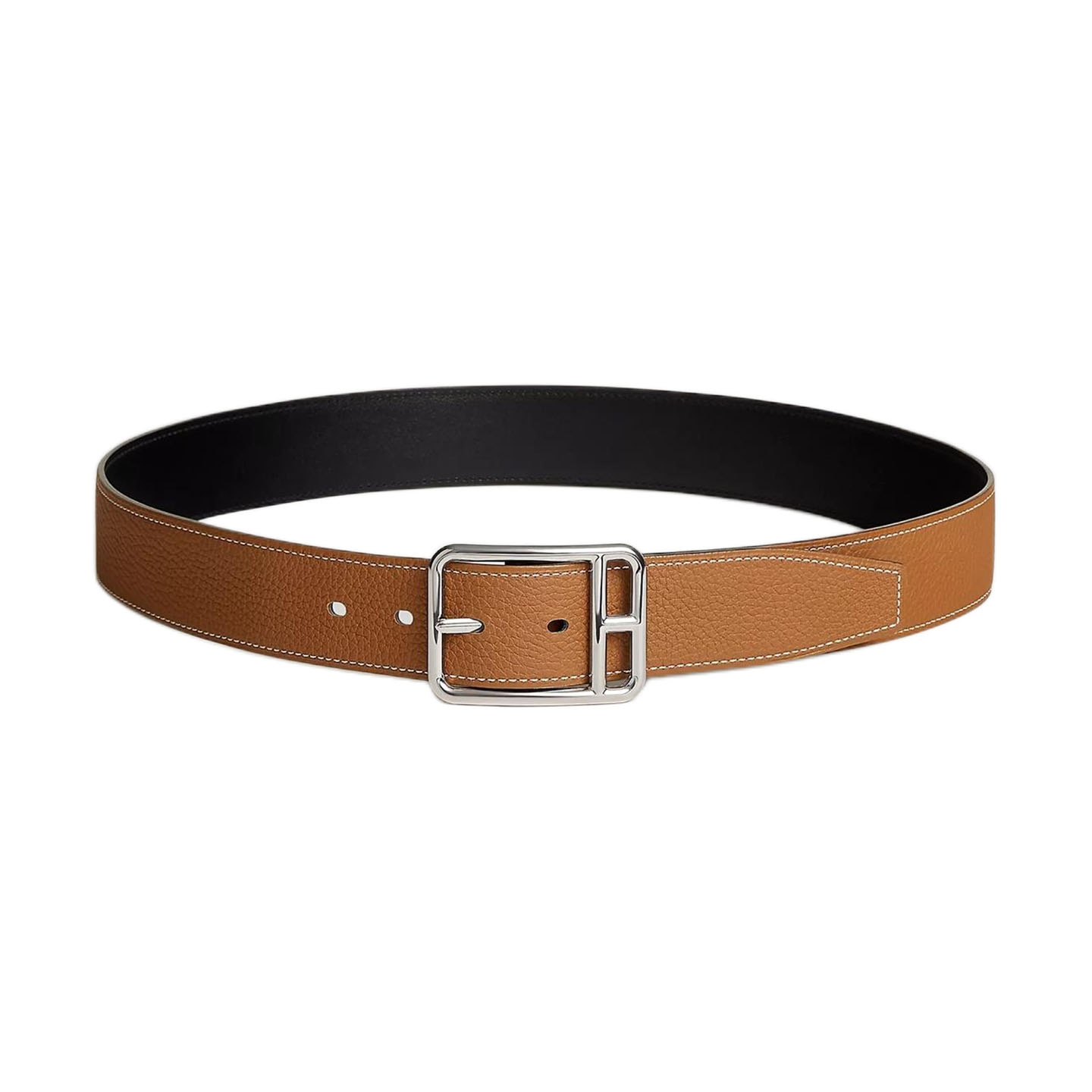Hermès Men' s Square Buckle Half Cod Reversible Belt In Black And Brown Calfskin With Silver Hardware 38mm - 图片 2
