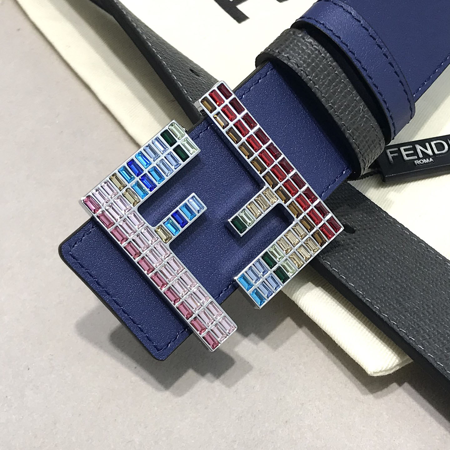 Fendi Men's FF Multicolor Buckle Belt In Blue/Yellow/Red/Black Epsom Calfskin With Silver/Black Hardware 38mm - 图片 3