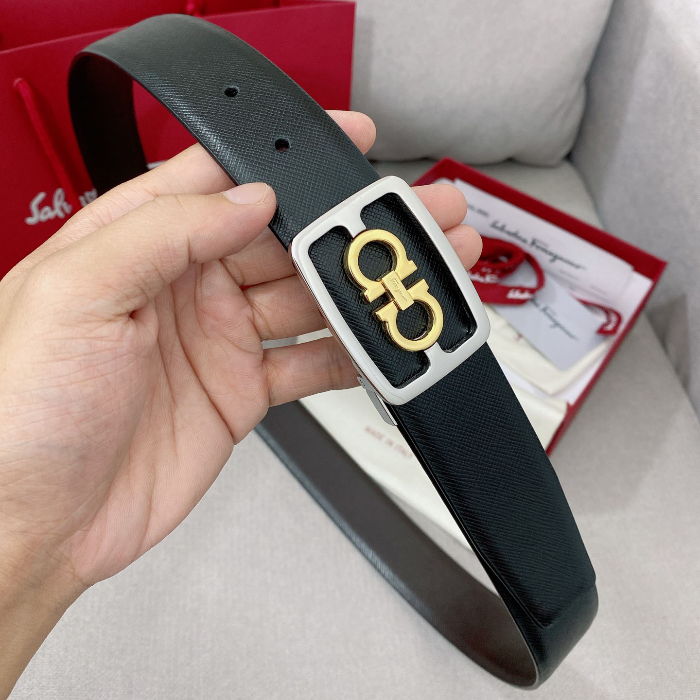Ferragamo Men's Square Buckle Belt In Black/Coffee Grained Calfskin With Gold/Silver Hardware 35mm - 图片 2