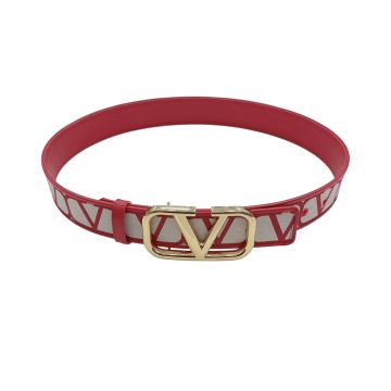 Valentino V Buckle Belt In Red/Black/Coffee Monogram Logo Calfskin With Gold/Gun Black Hardware 40mm