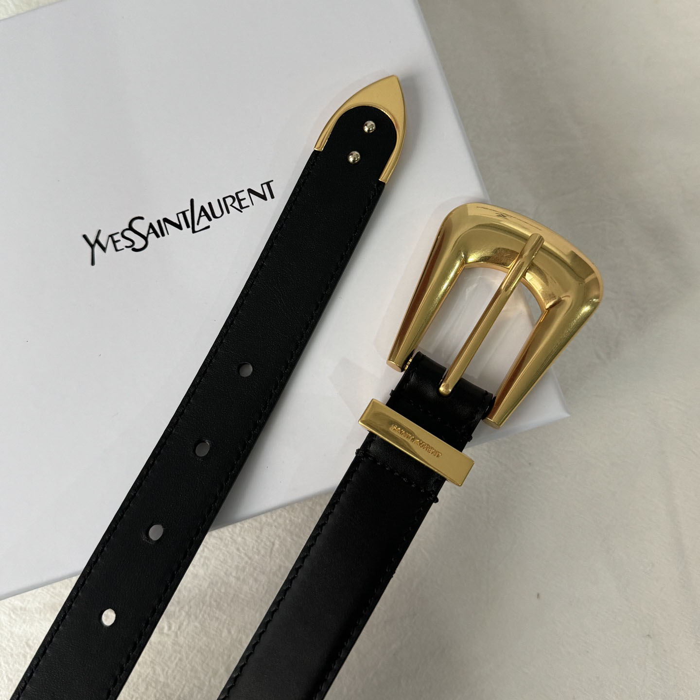 Saint Laurent Folk Buckle Belt In Black Brushed Leather With Gold/Silver Hardware 25mm - 图片 4