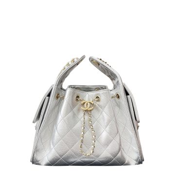 Chanel Silver Quilted Grained Leather Shoulder Bags
