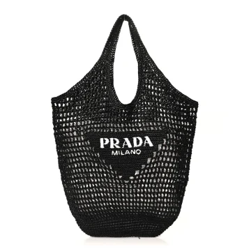 Prada Large Effect Logo Embroidered Shopping Crochet Tote Bag Black Yarn Raffia