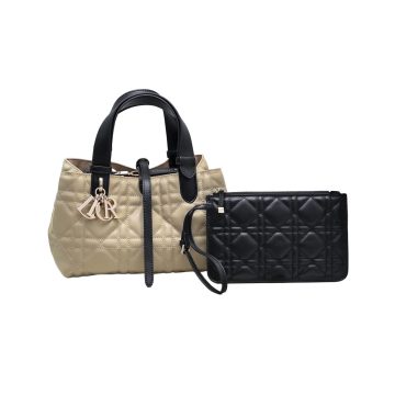 Dior Small Dior Toujours Bag In Beige And Black Macrocannage Calfskin With Light Gold Hardware
