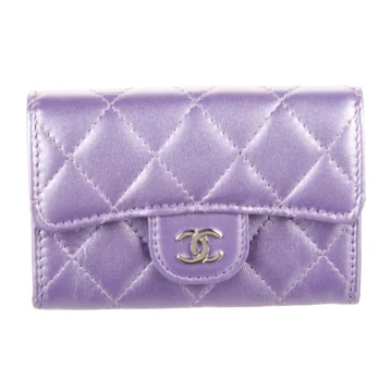 Chanel Small Interlocking CC Logo Card Holder Metallic Purple Calfskin Leather Silver Hardware