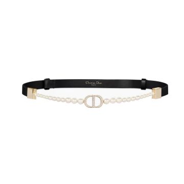Dior Women' s  30 Montaigne CD Pearls Chain Adjustable Belt In Black Calfskin With Gold Hardware 15mm One Size