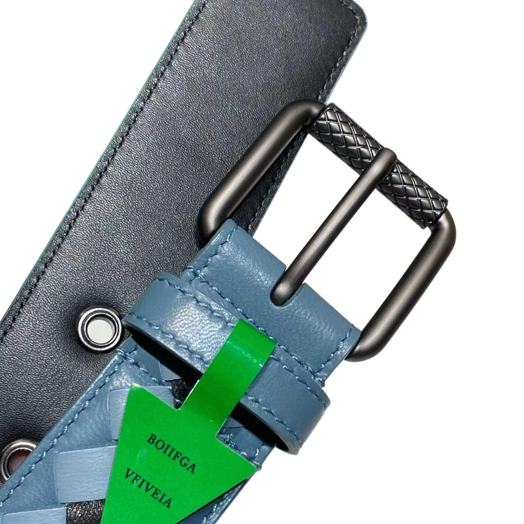 Bottega Veneta Men's Square Buckle Intrecciato Belt In Multicolor Calfskin With Silver/Matte Gun Black Hardware 35mm - 图片 5