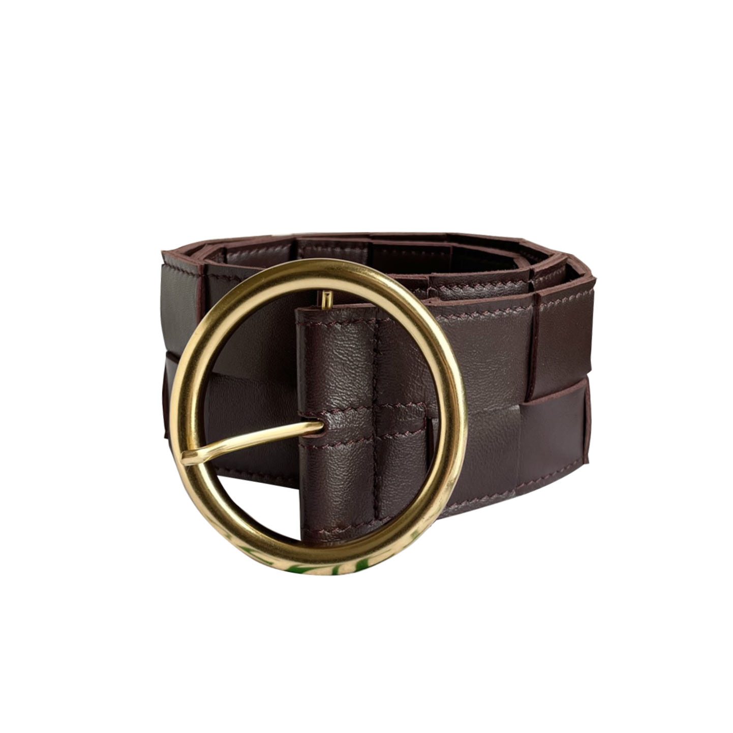 Bottega Veneta Women's Round Buckle Maxi Intrecciato Adjustable Belt In Pink/Blue/White/Coffee/Black Calfskin With Gold Hardware 60mm - 图片 7