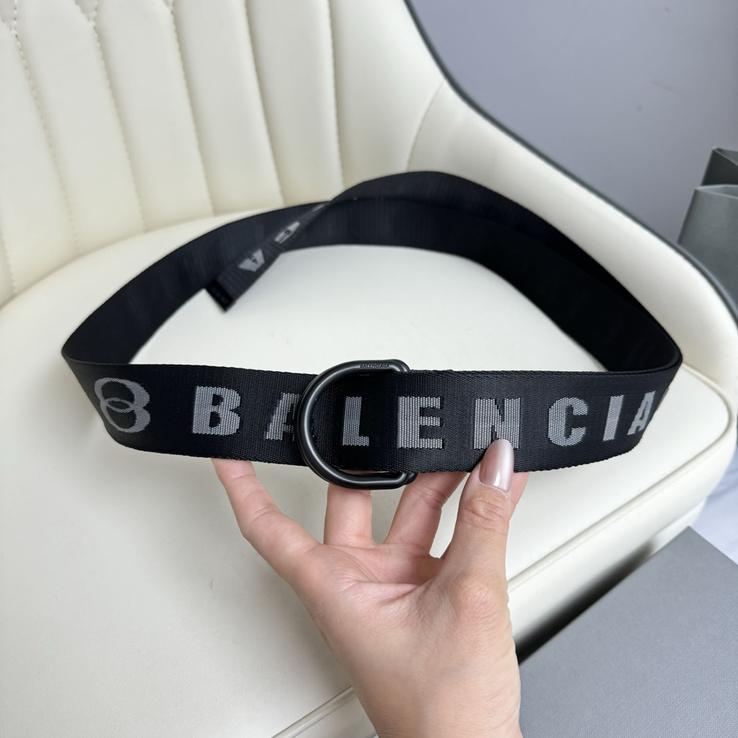 Balenciaga Men's D Ring Adjustable Belt In Balenciaga Black/White/Grey Webbing With Silver Hardware 40mm - 图片 6
