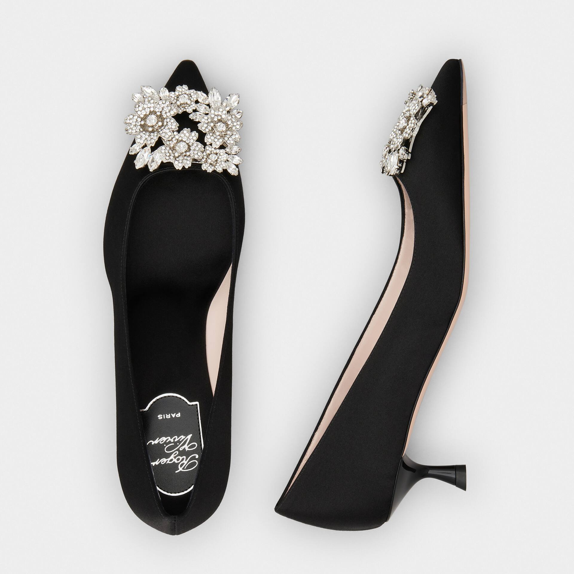 Roger Vivier Efflorescence Pumps High Heels In Black Satin With Crystal Buckle (Heel Height 4.5cm) - 图片 3
