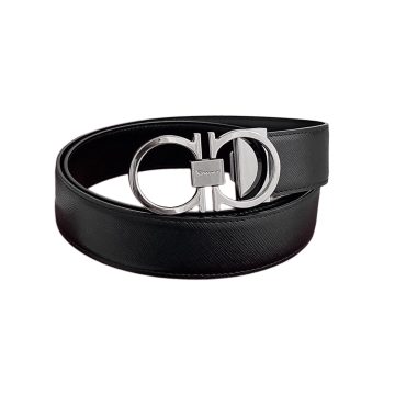 Ferragamo Men's Thin Double Gancini Buckle Reversible Belt In Black Saffiano Calfskin With Gold/Silver Hardware 35mm