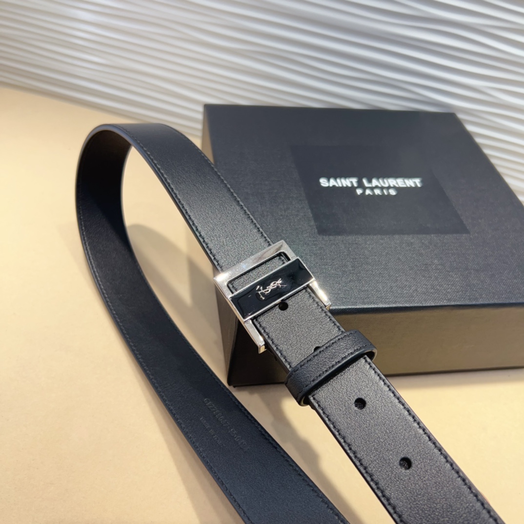 Saint Laurent GIO Belt In Black Box Calfskin With Gold/Silver Hardware 30mm - 图片 9