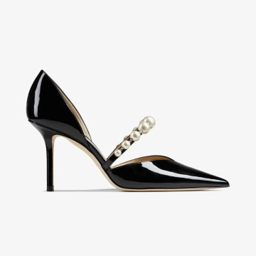 JIMMY CHOO Pearl embellished black lacquered leather pointed high heels shoes