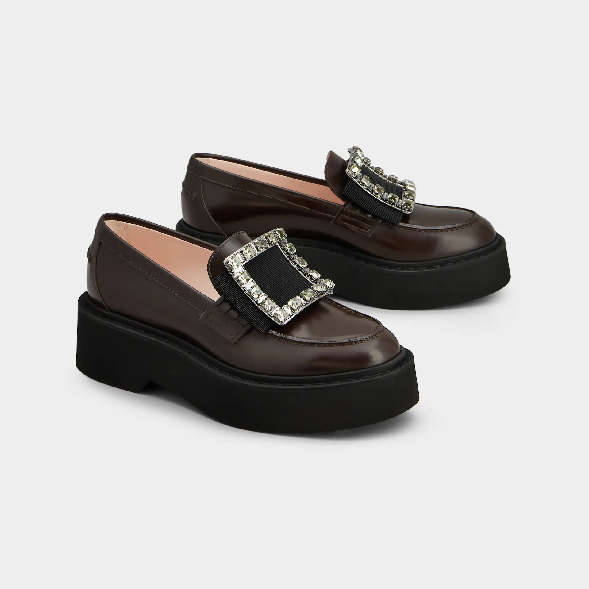 Roger Vivier Viv' Rangers Loafers In Brown Leather With Crystal Buckle (Heel Height 5.5cm) - 图片 2