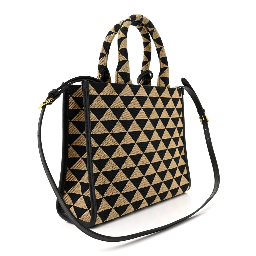 Prada Small Triangolo Symbole Embroidered Tote Black and Corda Jacquard Saffiano Leather Gold Hardware - 图片 3