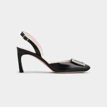 Roger Vivier Trompette Slingback Pumps High Heels In Black Patent Leather With Metal Buckle (Heel Height 7cm)