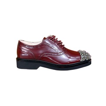 Roger Vivier Viv' Rangers Lace-Ups Loafers In White/Red Leather With Crystal Flowers