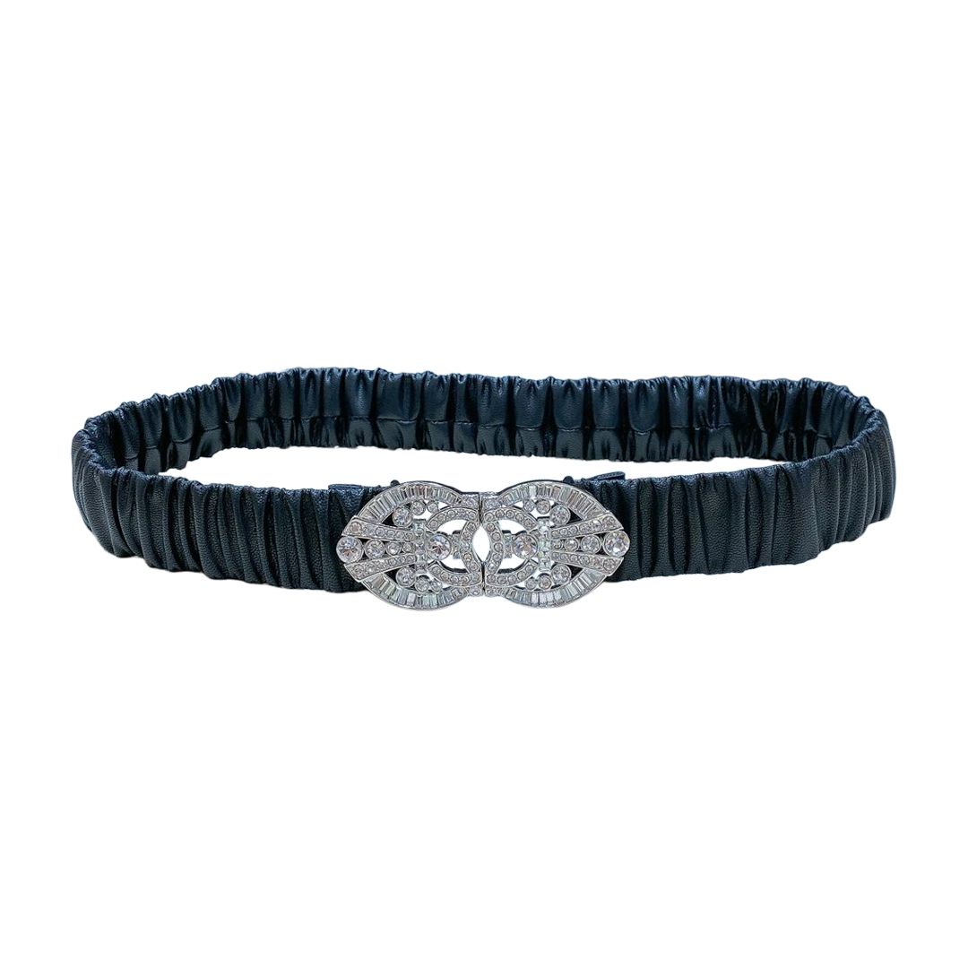 Chanel Women's Crystal Buckle Elastic Belt In Black Lambskin With Silver Hardware 30mm