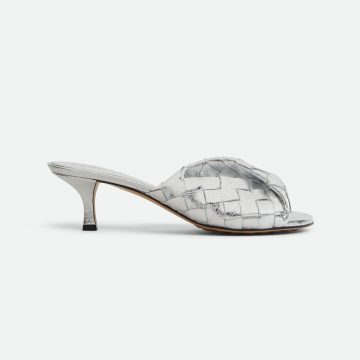 Bottega Veneta Blink Mule In Silver Intrecciato Leather Kitten Heel Mule (Heel Height 4.5cm)