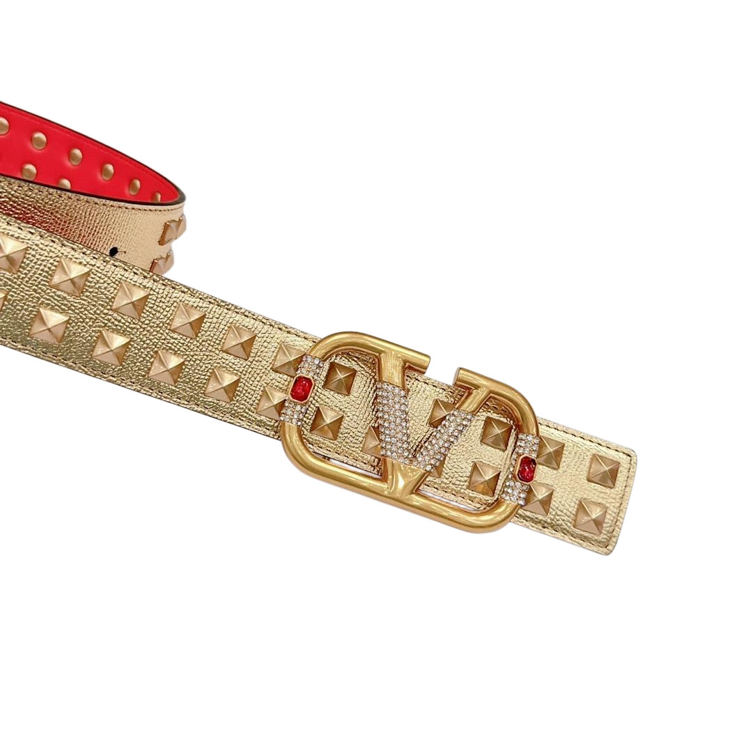 Valentino V Buckle Belt In Gold/Black Red/Black Calfskin With Gold Hardware And Rockstud 40mm - 图片 2