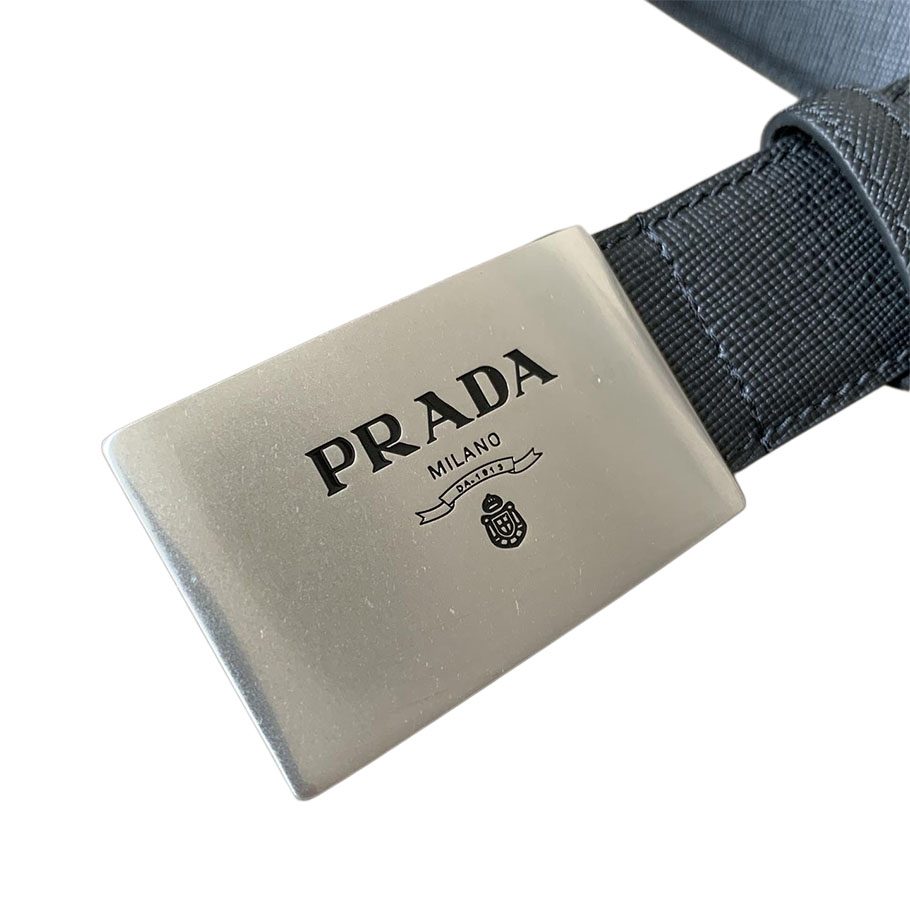 Prada Men' s Square Buckle Belt In Black/Blue Saffiano Calfskin With Silver/Black Hardware 35mm - 图片 2
