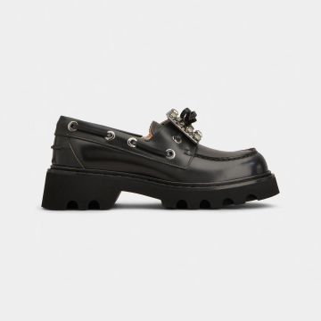 Roger Vivier Viv' Rangers Truck Boat Shoes Loafers In Black Leather With Crystal Buckle (Heel Height 4.5cm)