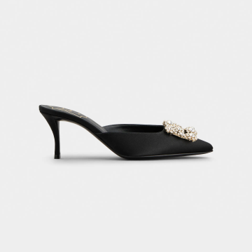 Roger Vivier Efflorescence Mules High Heels In Black Satin With Crystal Buckle (Heel Height 6.5cm)