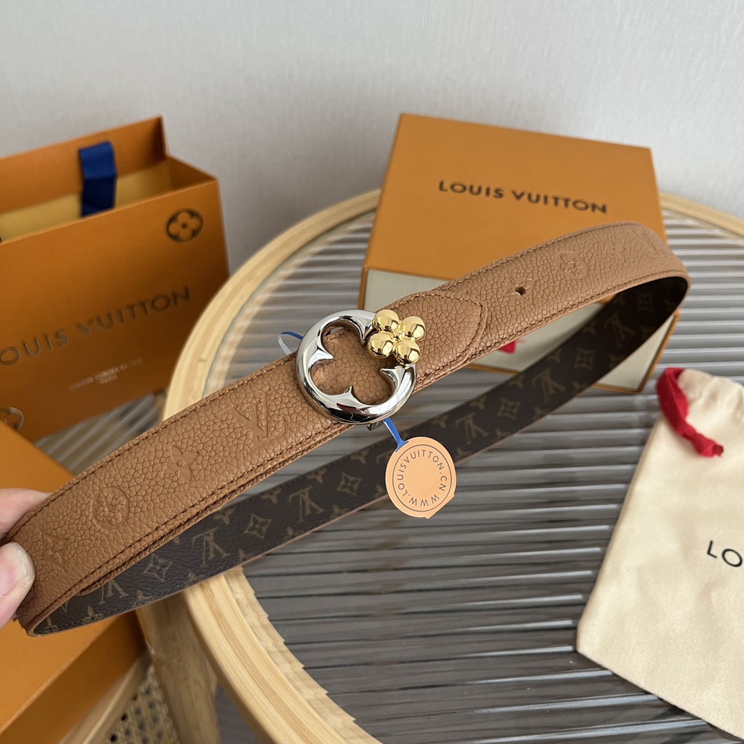Louis Vuitton Women's Flowergram Round Buckle Reversible Belt In Black/White/Brown Calfskin And Monogram Canvas With Gold/Silver Hardware 30mm - 图片 8