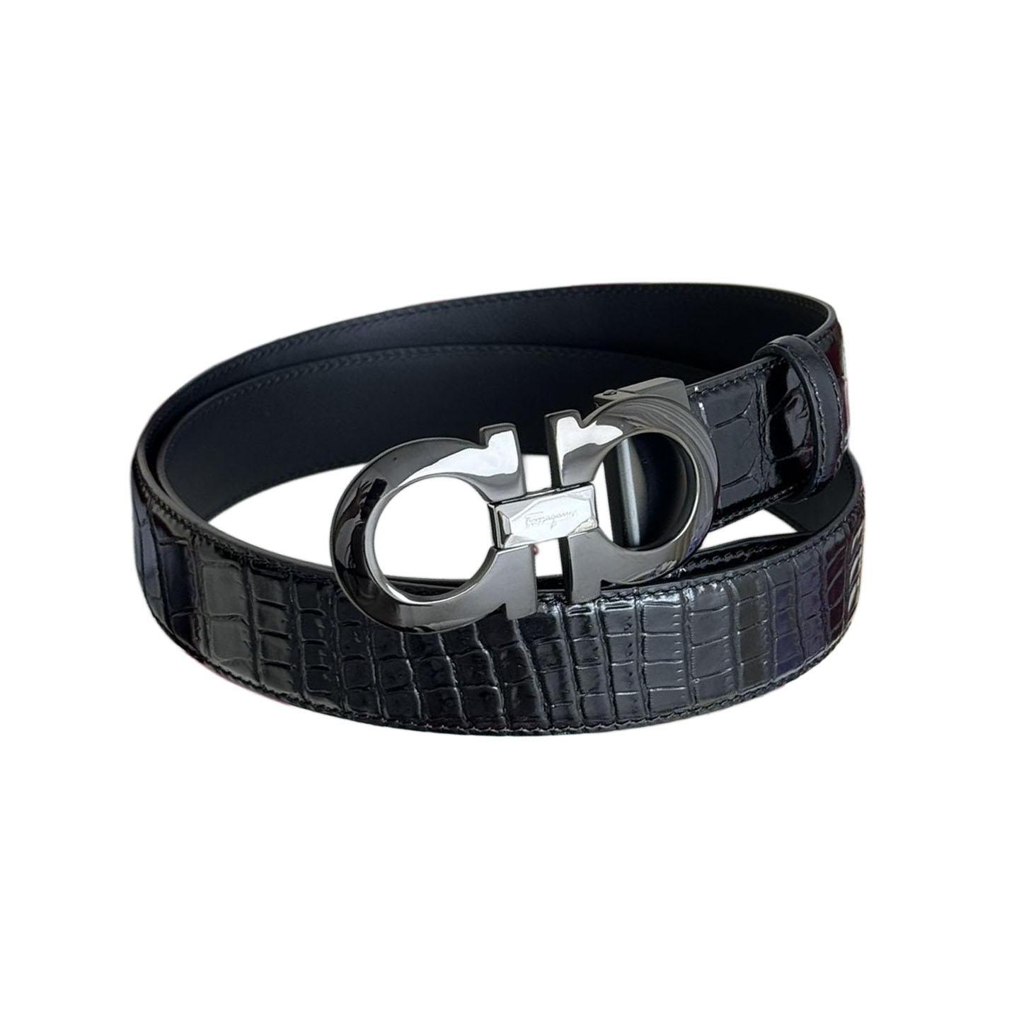 Ferragamo Men's Double Gancini Buckle Reversible Belt In Black Crocodile-Embossed Calfskin With Gold/Silver/Black Hardware 35mm - 图片 7