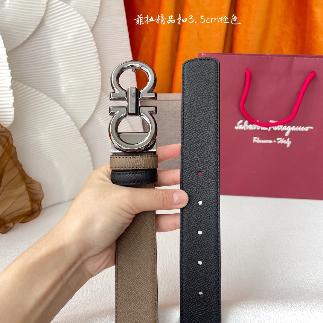 Ferragamo Men's Double Gancini Buckle Reversible Belt In Khaki/Black Calfskin With Gold/Silver/Gun Black Hardware 35mm - 图片 9