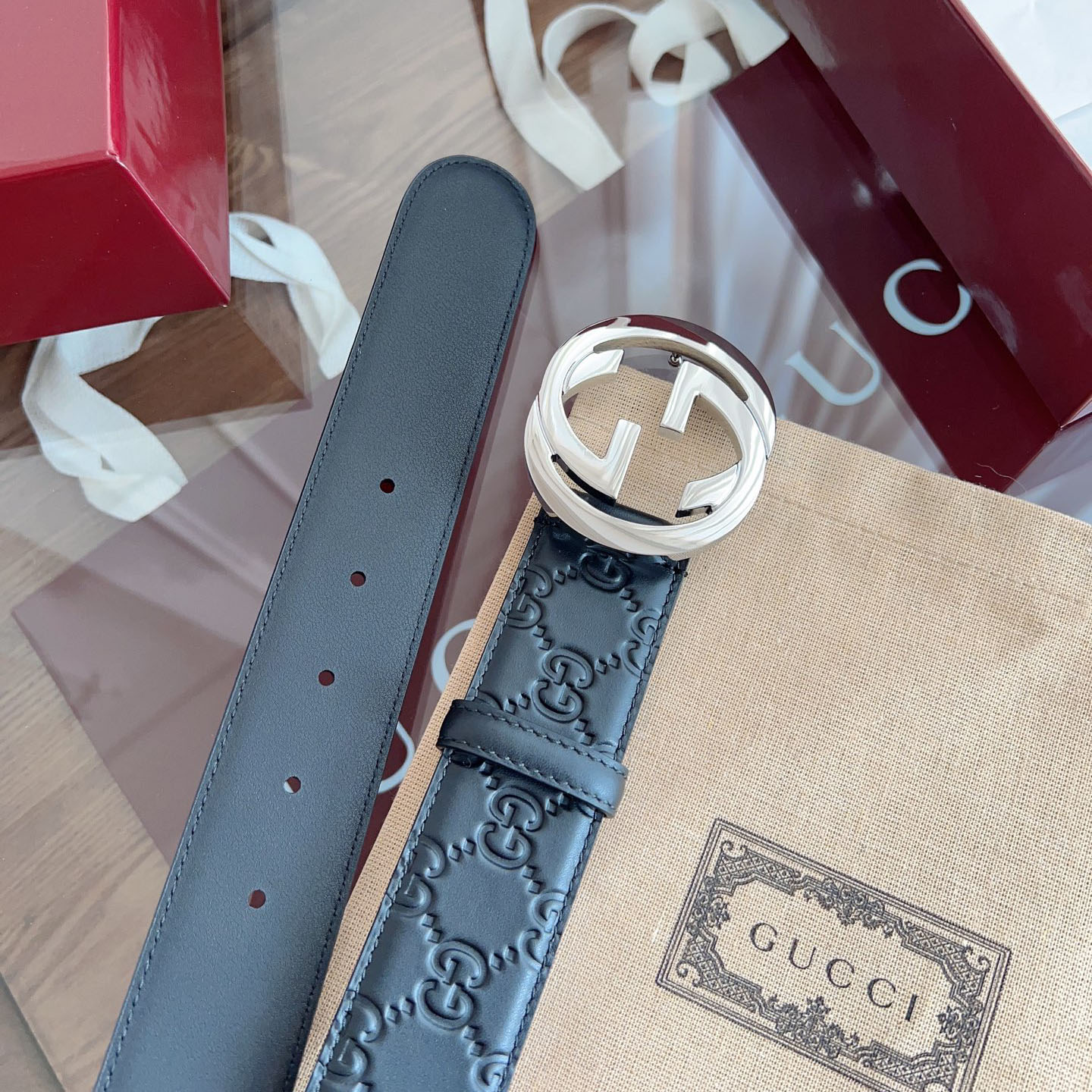Gucci Men's Interlocking G Buckle And Interlocking G Belt In Black/Brown Marmont In Calfskin/Canvas With Gold/Silver Hardware 40mm - 图片 2