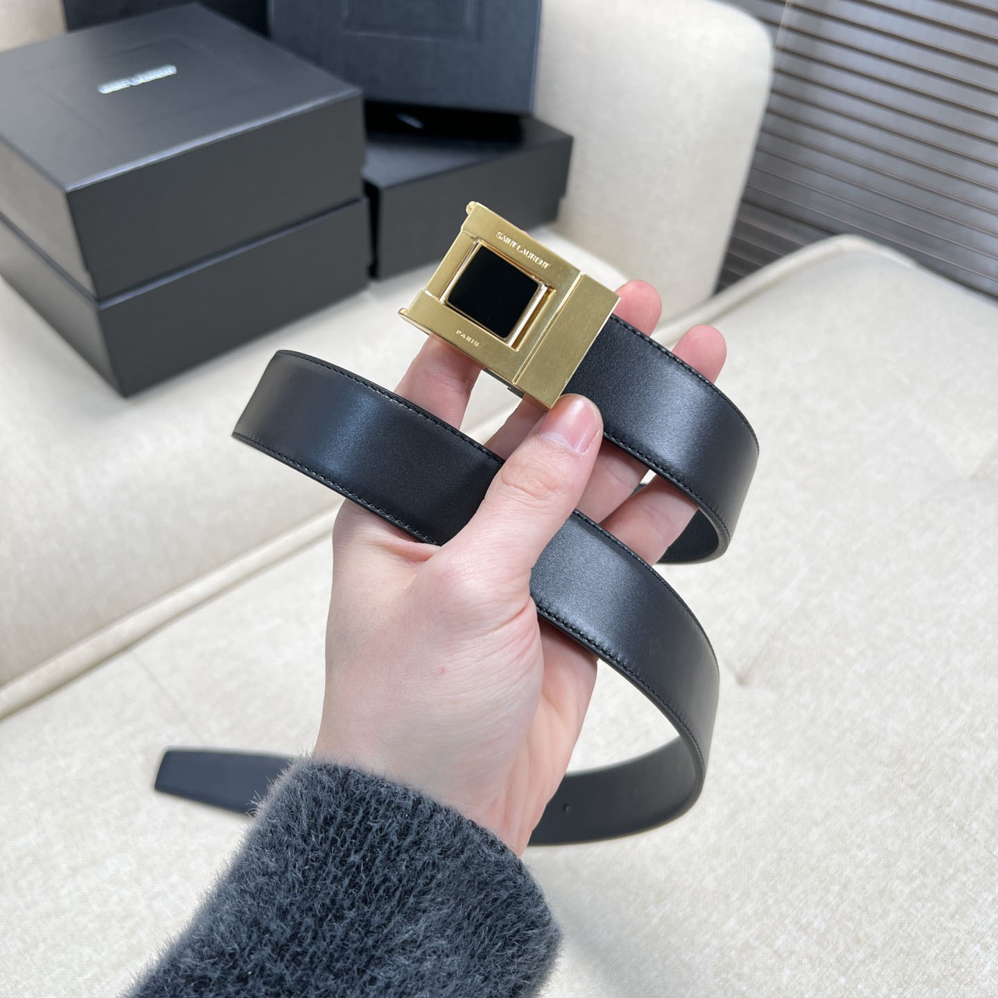 Saint Laurent Square Buckle Belt In Black/Burgundy Calfskin With Gold Hardware 30mm - 图片 3