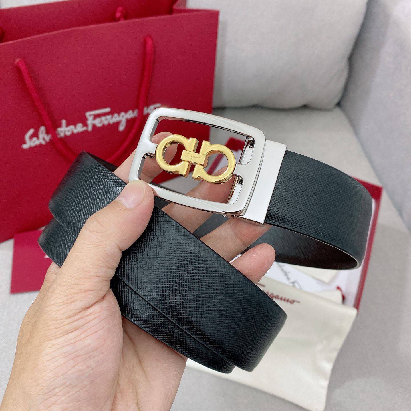 Ferragamo Men's Square Buckle Belt In Black/Coffee Grained Calfskin With Gold/Silver Hardware 35mm - 图片 3