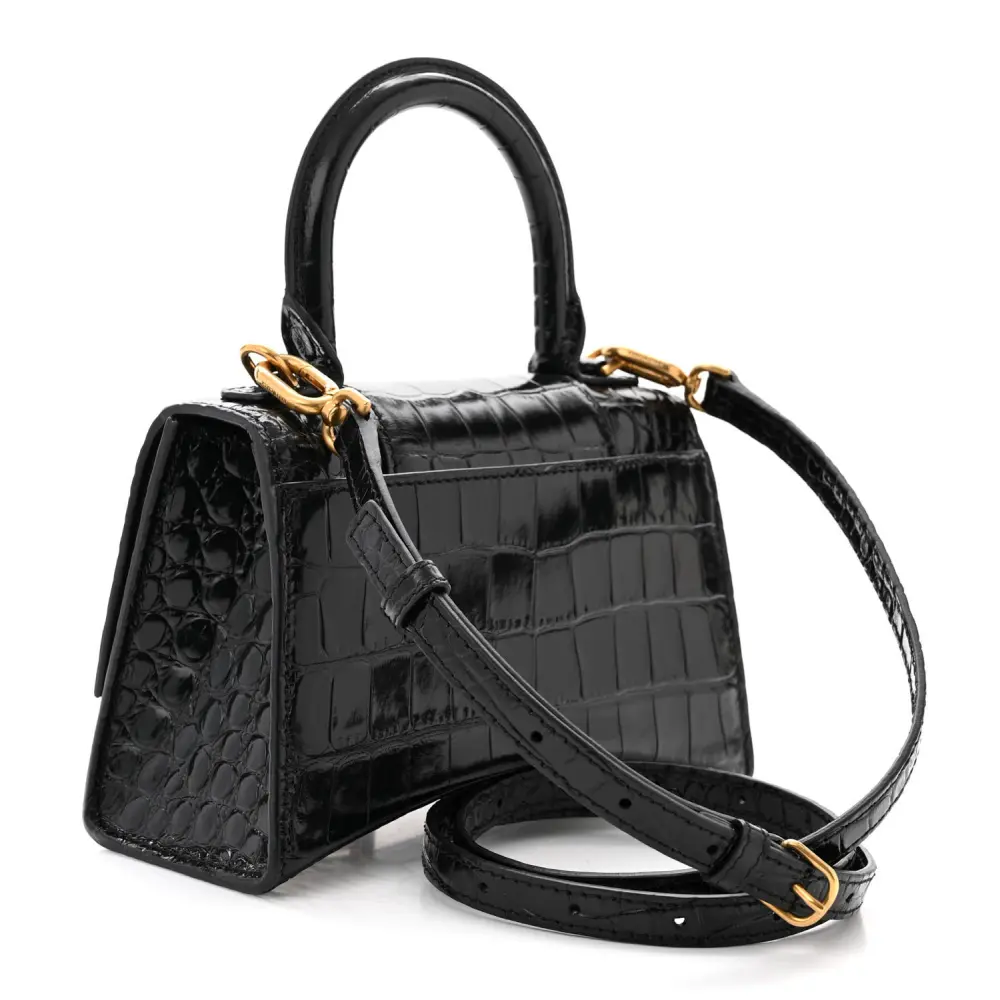 Balenciaga XS Hourglass Top Handle Bag Black Crocodile Embossed Shiny Calfskin Leather Gold Hardware - 图片 3