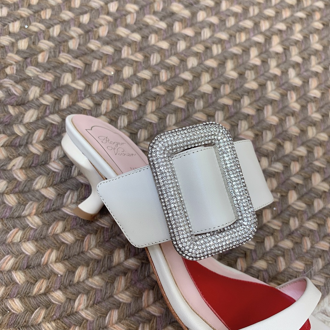Roger Vivier Viv' Rangers Mules Sandals In White/Black/Blue Leather With Crystal Buckle (Heel Height 5.5cm) - 图片 7