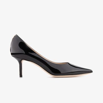 JIMMY CHOO JC badges adorne black patent high heels