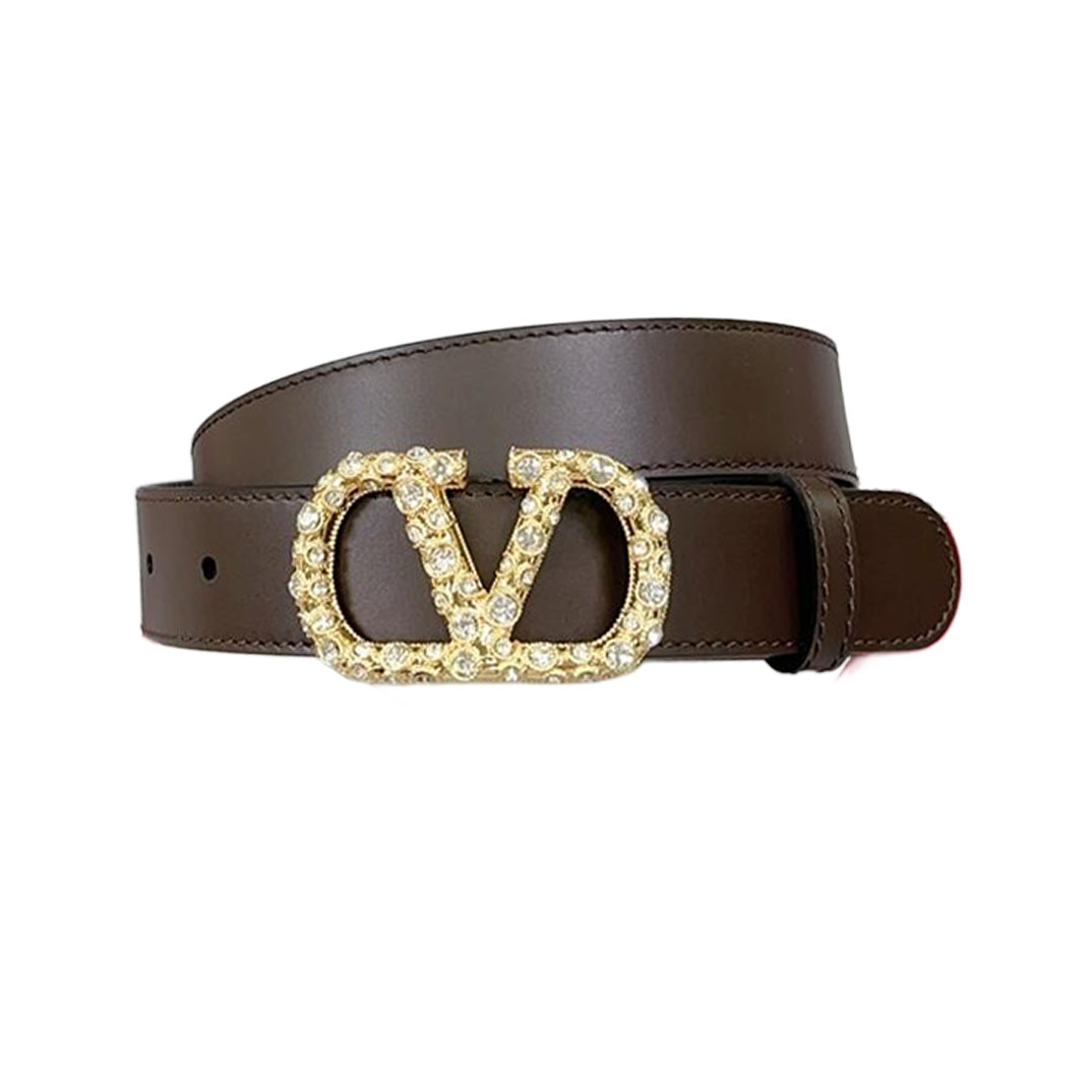 Valentino V Buckle With Crystal Belt In Black/Brown/Red/White Calfskin With Gold/Silver Hardware 30mm - 图片 3
