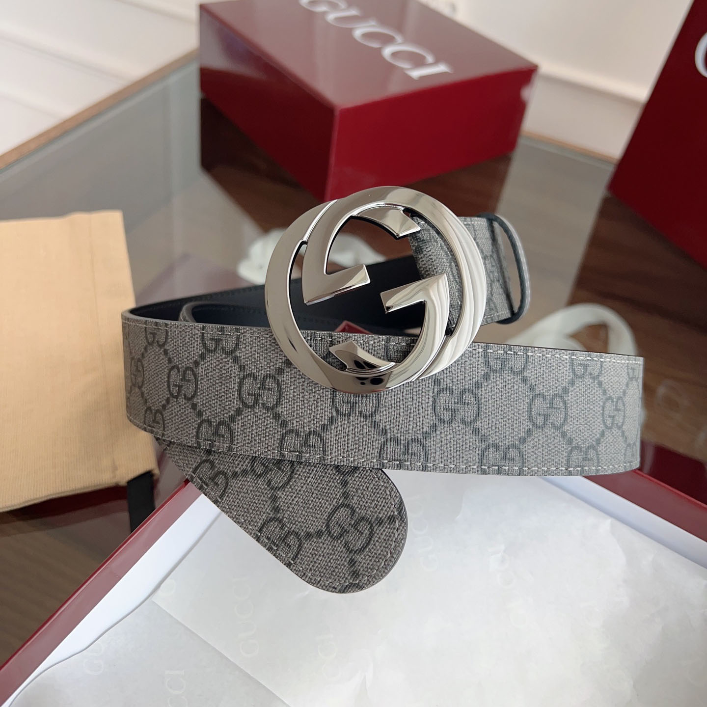 Gucci Men's Interlocking G Buckle And Interlocking G Belt In Black/Brown Marmont In Calfskin/Canvas With Gold/Silver Hardware 40mm - 图片 5