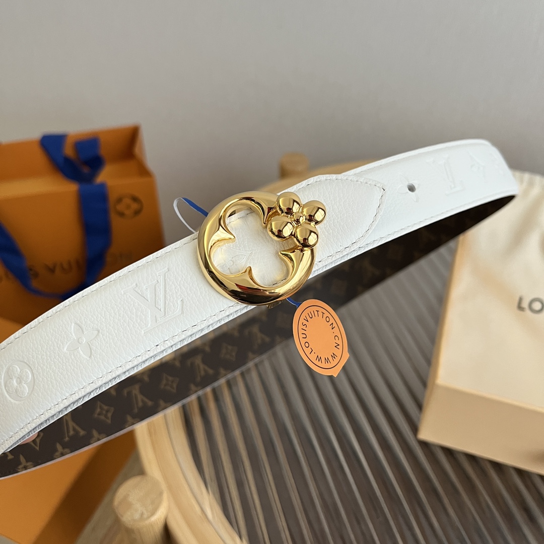 Louis Vuitton Women's Flowergram Round Buckle Reversible Belt In Black/White/Brown Calfskin And Monogram Canvas With Gold Hardware 30mm - 图片 10