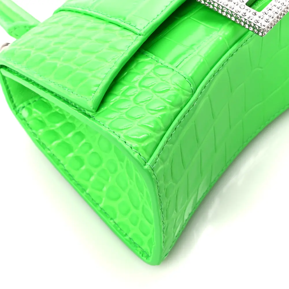 Balenciaga XS Hourglass Top Handle Bag Fluo Green Strass Crocodile Embossed Shiny Calfskin Leather Silver Hardware - 图片 5