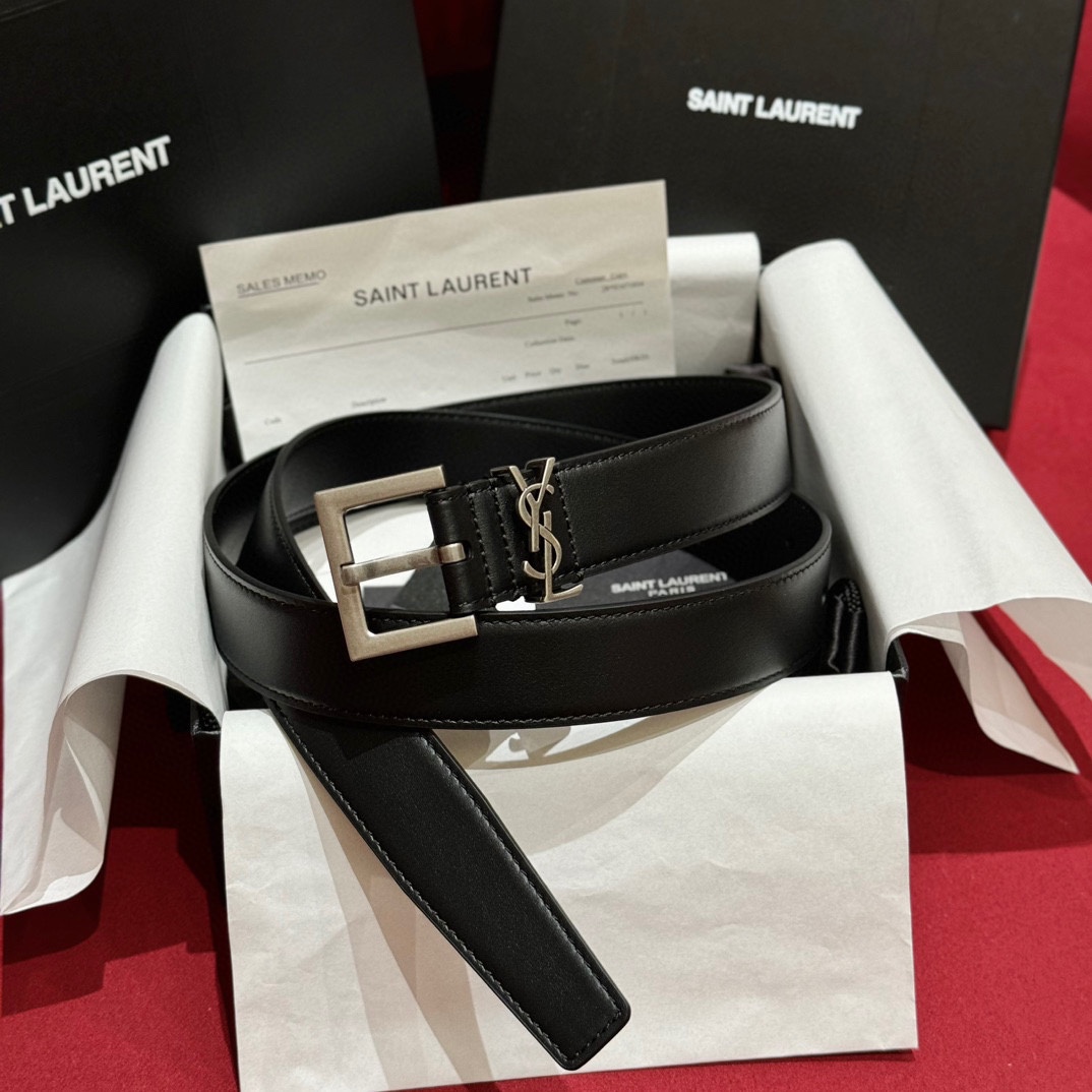 Saint Laurent Cassandre Belt In Black/Coffee Smooth Calfskin With Black/Gold/Silver Hardware 30mm - 图片 6