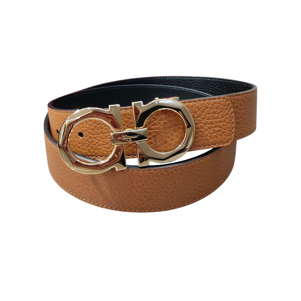 Ferragamo Men's Double Gancini Buckle Reversible Belt In Orange/Black/Brown/Blue Grained Calfskin With Gold/Silver Hardware 35mm