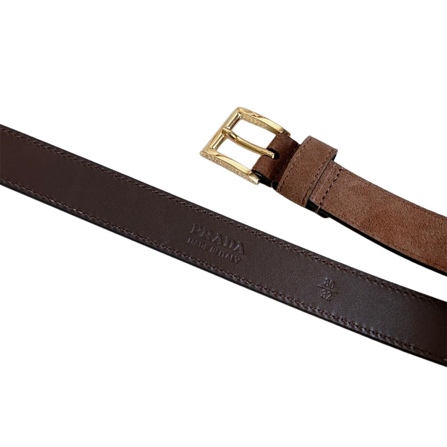 Prada Women' s Square Buckle Belt In Brown/Black Suede Calfskin With Gold/Silver Hardware 25mm - 图片 2