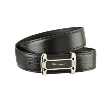 Ferragamo Men's Square Buckle With Crystal Belt In Black Calfskin With Gold/Silver Hardware 38mm